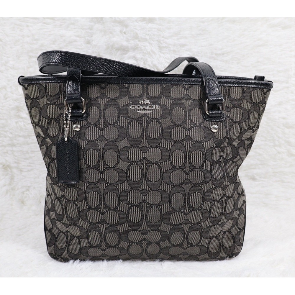 COACH Tote Bag  Signature Canvas/Leather Black Smoke Gray Canvas